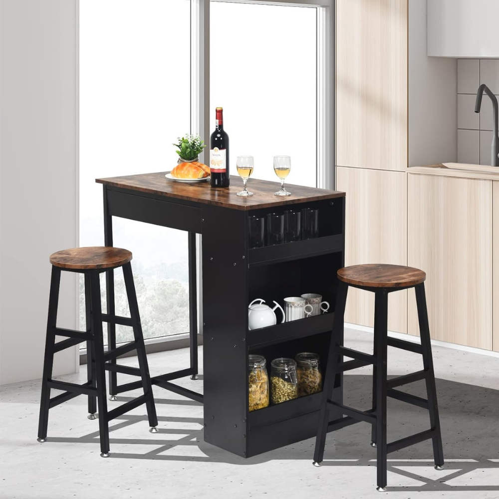 Industrial Style Multifunctional Bar Table with Stools and Storage Shelves – Space-Saving Dining and Kitchen Pub Furniture-GCC Home Center