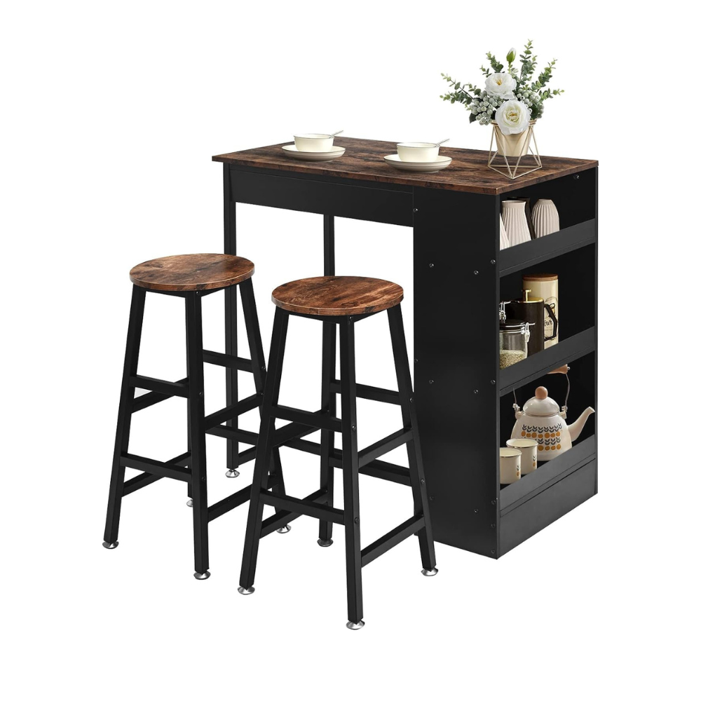 Industrial Style Multifunctional Bar Table with Stools and Storage Shelves – Space-Saving Dining and Kitchen Pub Furniture-GCC Home Center