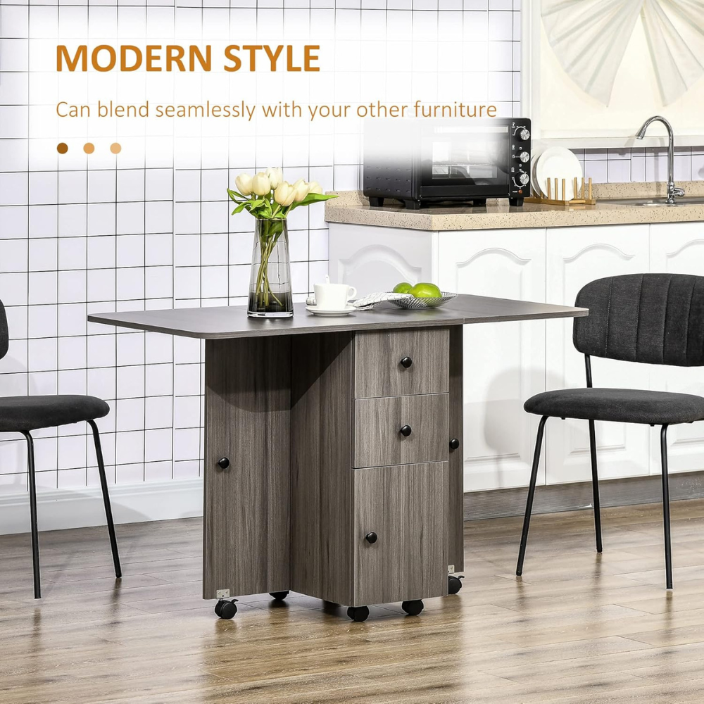 Versatile Drop Leaf Dining Table with Storage, Wheels & Engineered Wood Frame-GCC Home Center
