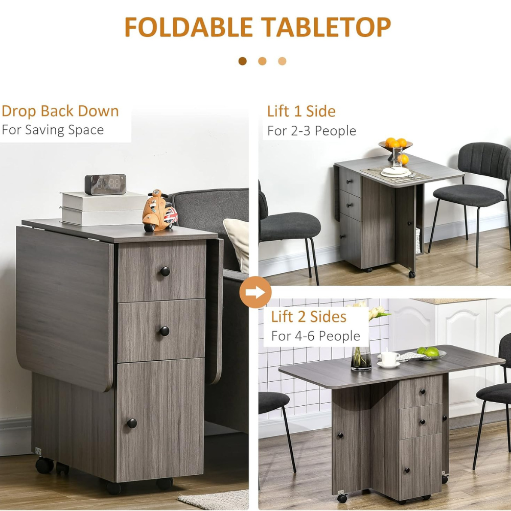 Versatile Drop Leaf Dining Table with Storage, Wheels & Engineered Wood Frame-GCC Home Center