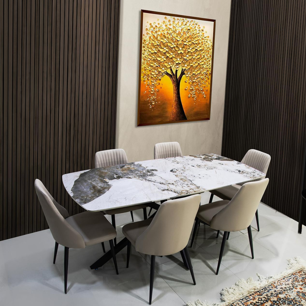 Elegant Cream Marble Breakfast Table with Adjustable Height & Black Powder-Coated Metal Legs - Durable Dining Table for Modern Spaces-GCC Home Center