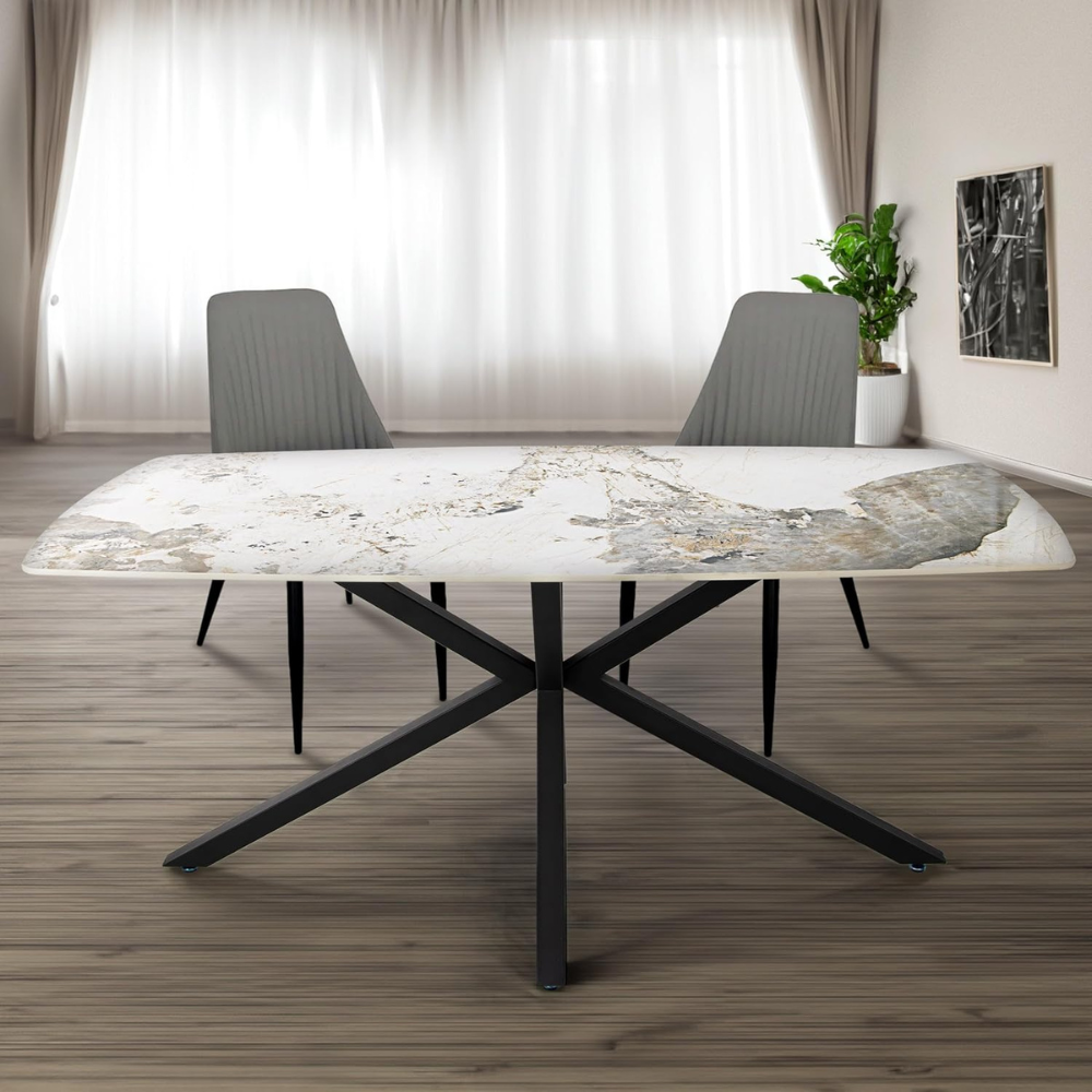 Elegant Cream Marble Breakfast Table with Adjustable Height & Black Powder-Coated Metal Legs - Durable Dining Table for Modern Spaces-GCC Home Center