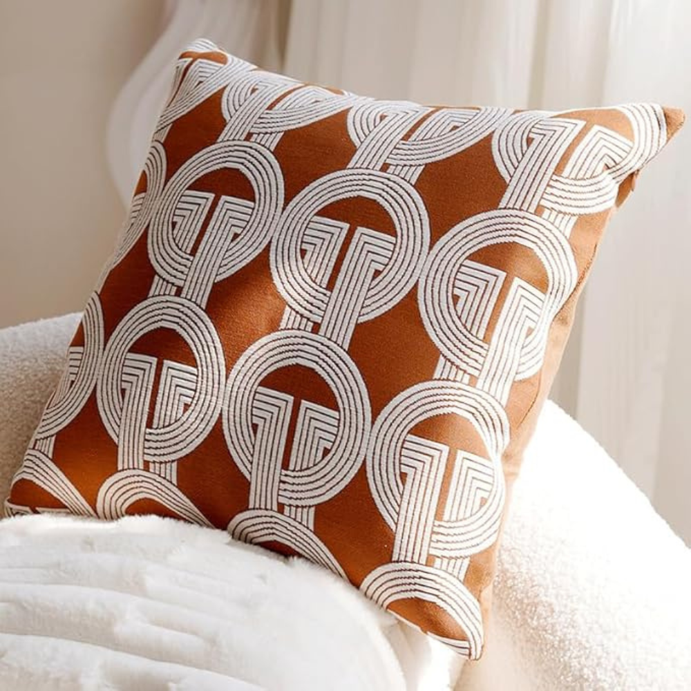 Set of 2 Orange Geometric Linen Throw Pillow Covers, 18x18 Inch Decorative Cushion Covers with Hidden Zipper-GCC Home Center
