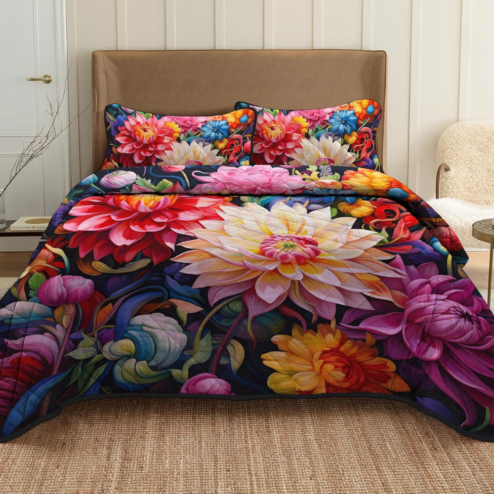 All-Season Floral Quilt bedspread– Soft & Durable Polyester Bedding with Two Pillowcases-GCC Home Center