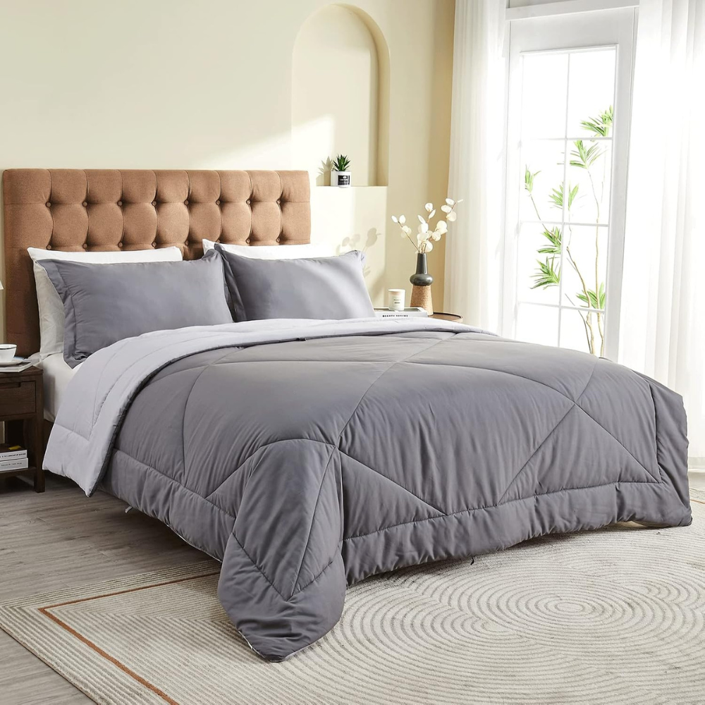 Lightweight Reversible Summer Duvet Set – Breathable, Hypoallergenic Comforter with Pillow Sham (Grey/Light Grey, 160x220cm)-GCC Home Center