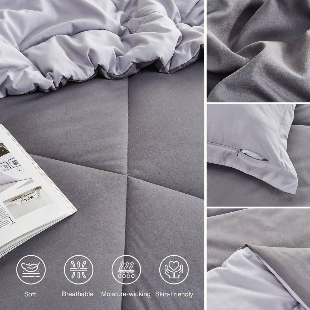 Lightweight Reversible Summer Duvet Set – Breathable, Hypoallergenic Comforter with Pillow Sham (Grey/Light Grey, 160x220cm)-GCC Home Center