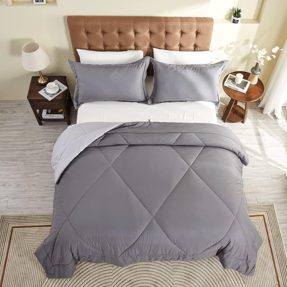 Lightweight Reversible Summer Duvet Set – Breathable, Hypoallergenic Comforter with Pillow Sham (Grey/Light Grey, 160x220cm)-GCC Home Center