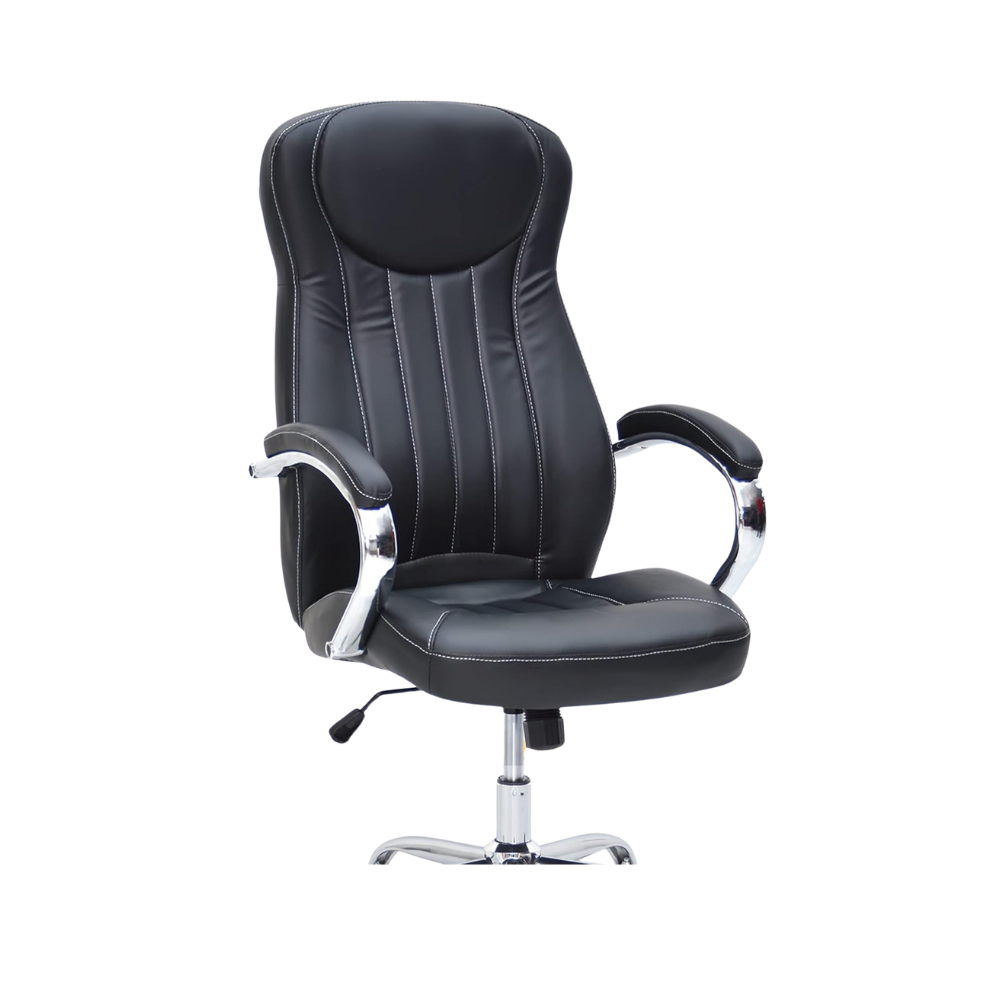 Ergonomic Shining Black Faux Leather Office Chair with Chrome Armrests & Tilt Function - Adjustable Gas lift, 360° Swivel-GCC Home Center