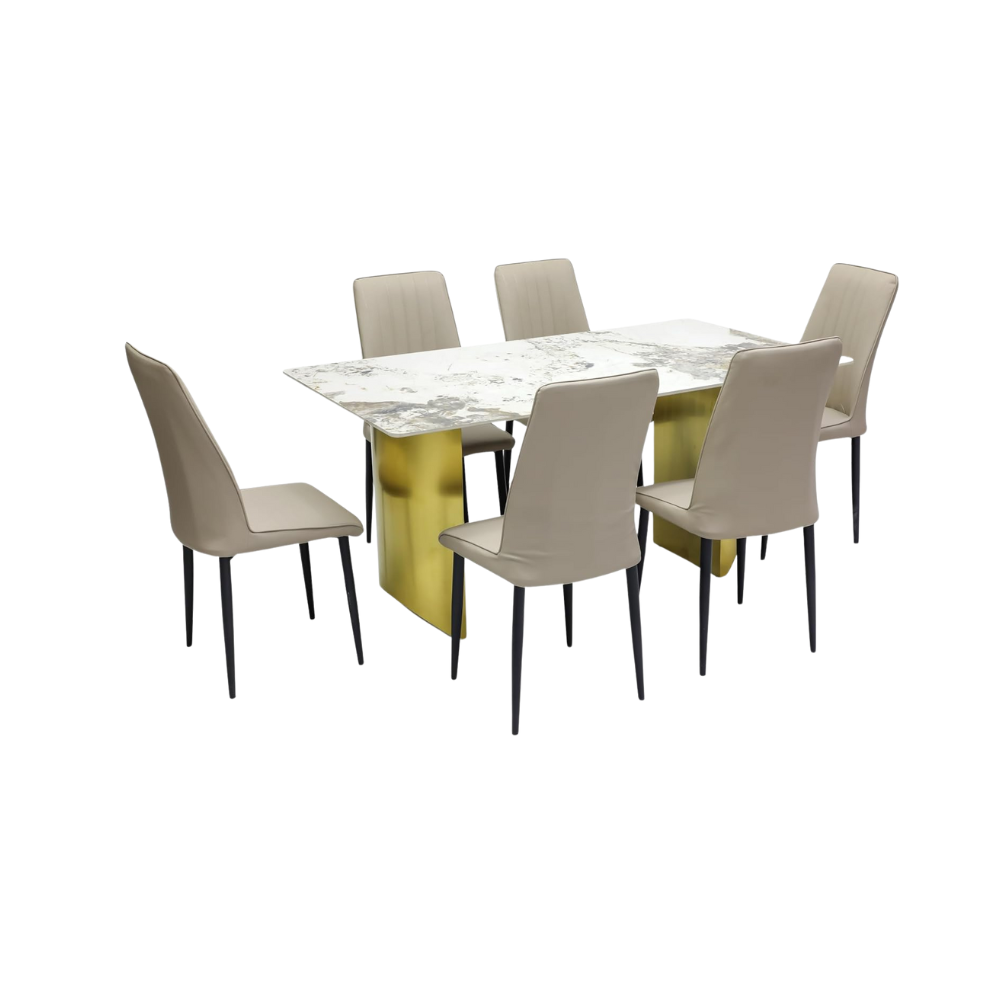 Modern 7-Piece Dining Set with Dark Marble Table & Beige Faux Leather Chairs - Elegant Gold Metal Base-GCC Home Center