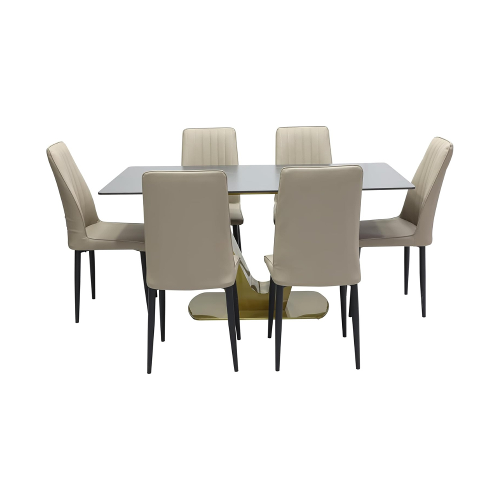 Modern 7-Piece Dining Set with Dark Marble Table & 6 Faux Leather Chairs - Gold Metal Base & Minimalist Design-GCC Home Center