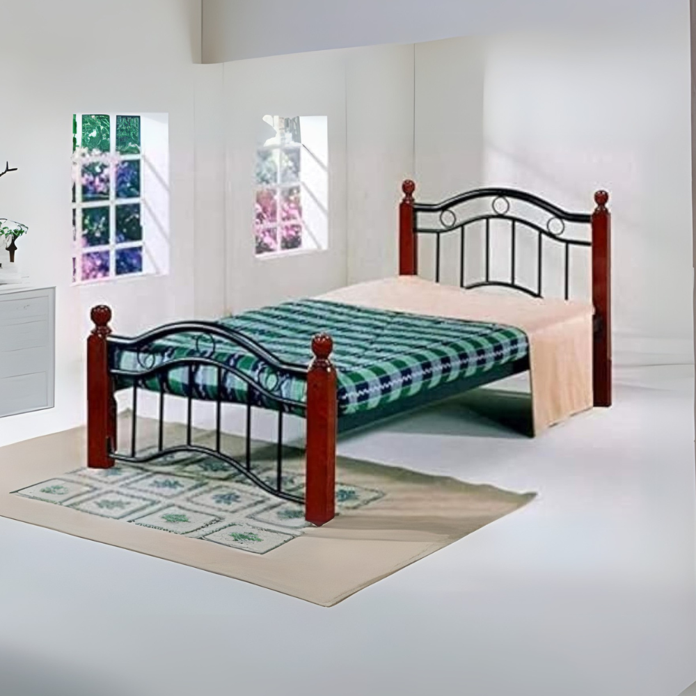 Modern Wooden & Iron Single Bed with Cherry Brown Legs – DIY Assembly, 190x90 cm-GCC Home Center