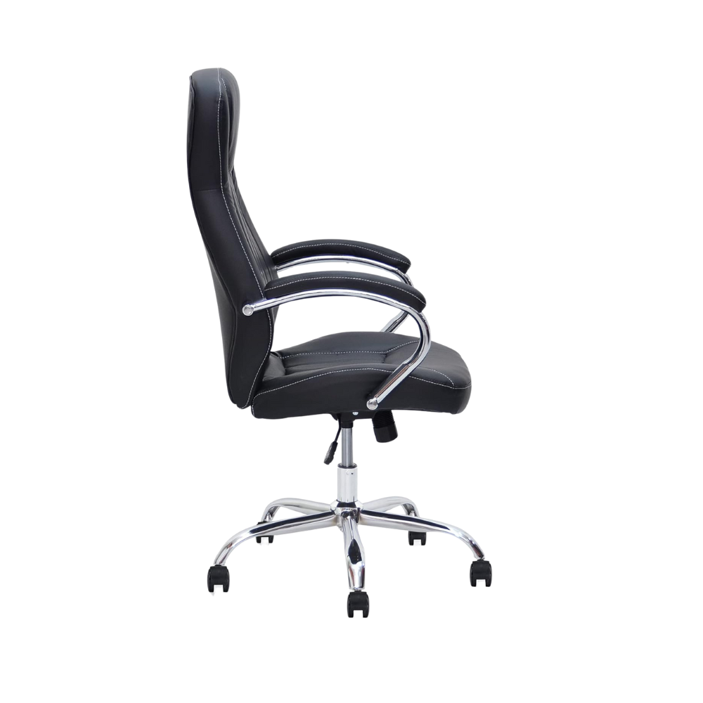 Ergonomic Shining Black Faux Leather Office Chair with Chrome Armrests & Tilt Function - Adjustable Gas lift, 360° Swivel-GCC Home Center