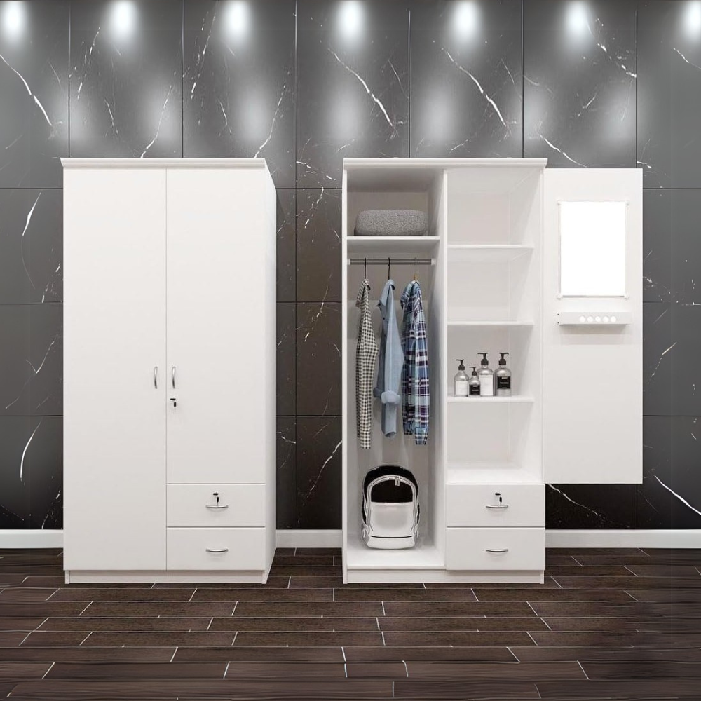 Modern 2-Door White Wooden Wardrobe with Lockable Drawers - Adjustable Shelves, Durable Engineered Wood Design-GCC Home Center