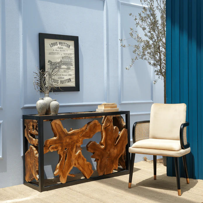 Elegant Natural teak root wood Coffee Table With Sleek Black Metal Frame