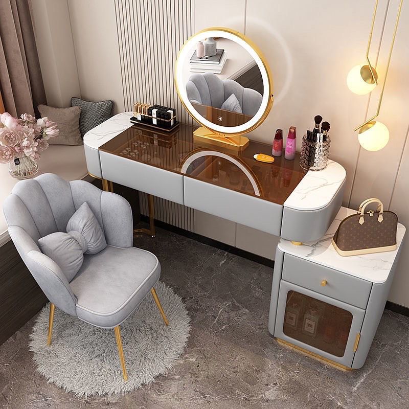 Modern Glass Dressing Table with Round Smart Mirror, 3-Tone LED Lighting, and Comfort Chair - Grey/White-GCC Home Center