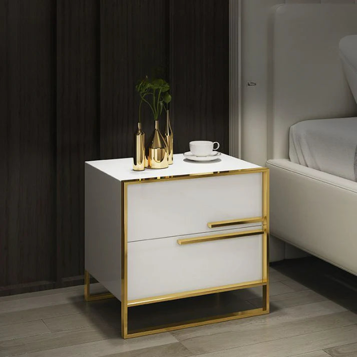 Modern Solid Wood Bedside Table with Leather Finish | Luxury Nightstand Side Table | 50 x 50 x 40 cm | White & Black