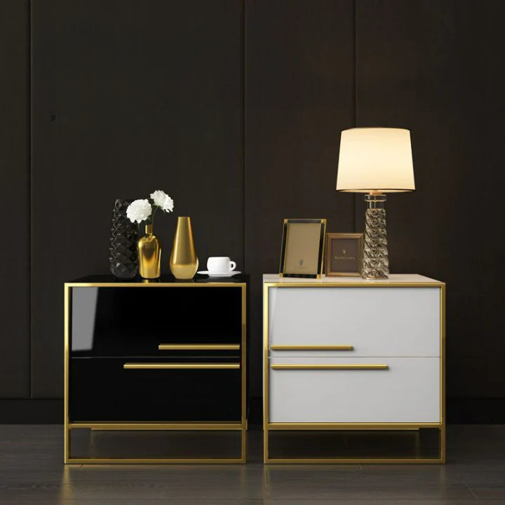 Modern Solid Wood Bedside Table with Leather Finish | Luxury Nightstand Side Table | 50 x 50 x 40 cm | White & Black
