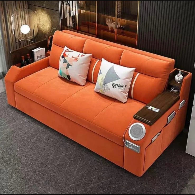 Modern 2-in-1 Extendable Sofa Bed with Storage, USB Ports, Bluetooth Speaker & Side Pockets | Velvet Convertible Daybed