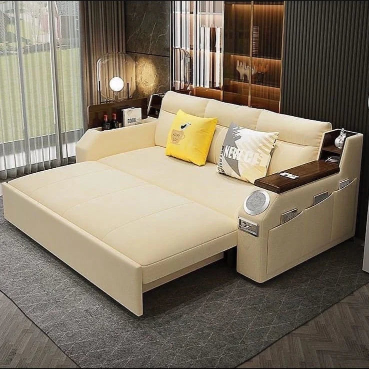 Modern 2-in-1 Extendable Sofa Bed with Storage, USB Ports, Bluetooth Speaker & Side Pockets | Velvet Convertible Daybed