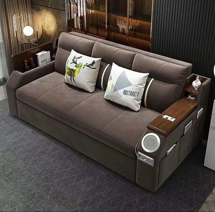 Modern 2-in-1 Extendable Sofa Bed with Storage, USB Ports, Bluetooth Speaker & Side Pockets | Velvet Convertible Daybed