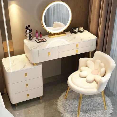 Elegant Solid Wood Dressing Table with LED Mirror and Chair - White/Gray/Pink-GCC Home Center
