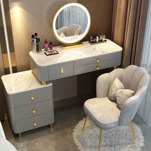 Elegant Solid Wood Dressing Table with LED Mirror and Chair - White/Gray/Pink-GCC Home Center