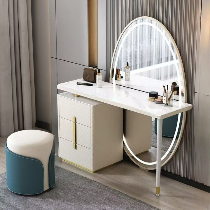 Elegant White Dressing Table with Oval LED Mirror and Drawers - Perfect Bedroom Dresser-GCC Home Center