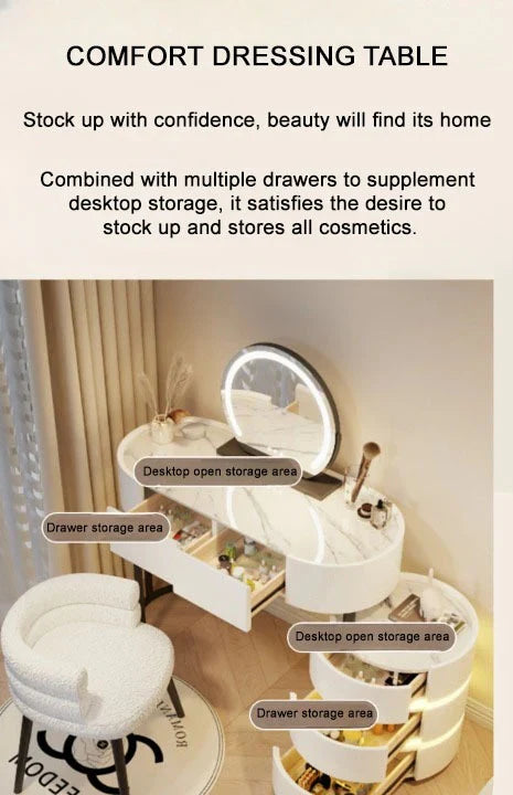 Vanity Table Set with LED Mirror, Storage Drawers, and Chair-GCC Home Center
