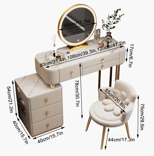 Elegant 120cm Smart Makeup Vanity Table with Wireless Charging, Tri-Color LED Mirror, and Slate Countertop-GCC Home Center