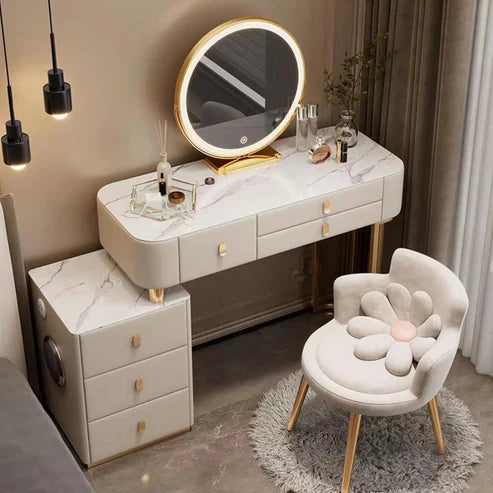 Elegant 120cm Smart Makeup Vanity Table with Wireless Charging, Tri-Color LED Mirror, and Slate Countertop-GCC Home Center