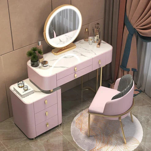 Elegant Solid Wood Dressing Table with LED Mirror and Chair - White/Gray/Pink-GCC Home Center