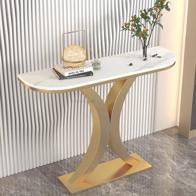 Simple Entrance Console Table in Slate Marble Top and Gold Metal Base 120cm-GCC Home Center