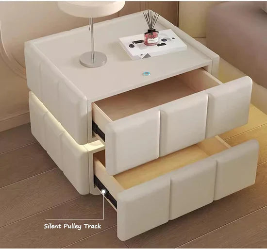 Modern Smart LED Bedside Table with 2 Drawers | Solid Wood Nightstand with Storage | White Bedroom Side Table