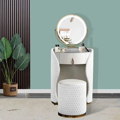 Compact White Makeup Vanity Table with LED Mirror and Folding Bench-GCC Home Center