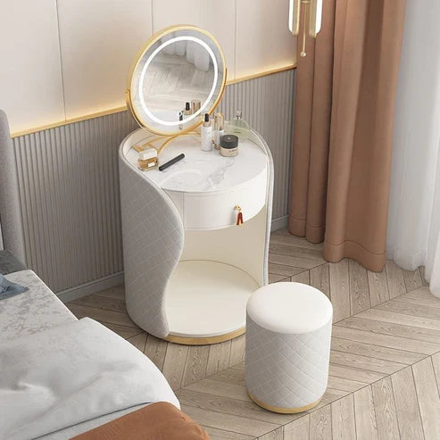 Compact White Makeup Vanity Table with LED Mirror and Folding Bench-GCC Home Center
