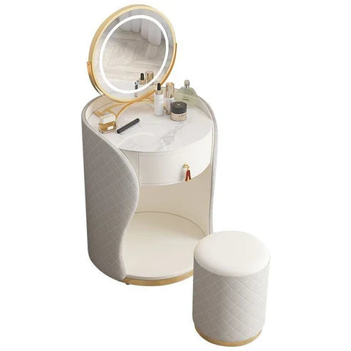 Compact White Makeup Vanity Table with LED Mirror and Folding Bench-GCC Home Center