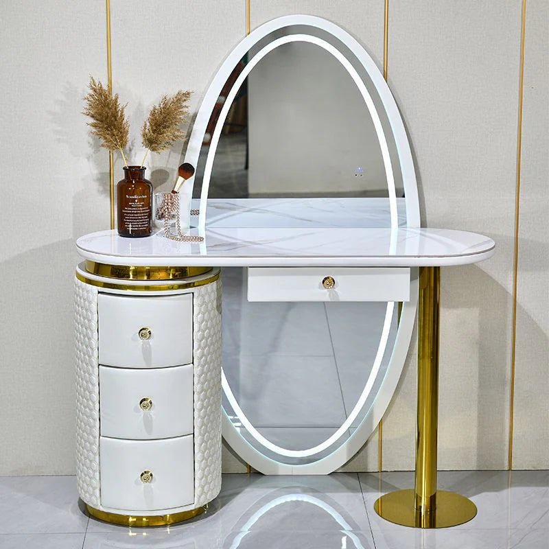 Wall-Mounted Dressing Table with Full-Length Oval LED Mirror, 2 Storage Drawers & Upholstered Stool – Modern White Vanity Set with Marble Top & Gold Frame