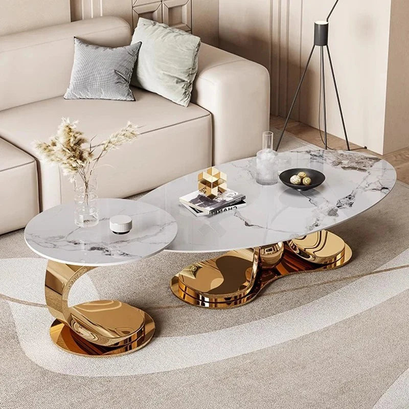 Luxury Gold Stainless Steel Coffee Table Set of 2 with Slate Marble Top – Modern Nesting Center Tables for Living Room & Office