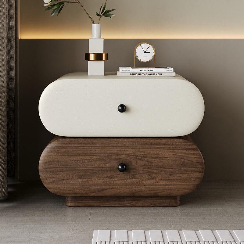 Modern Minimalist Bedside Table with 2 Drawers | Half-Round Edge Nightstand in Off-White & Brown
