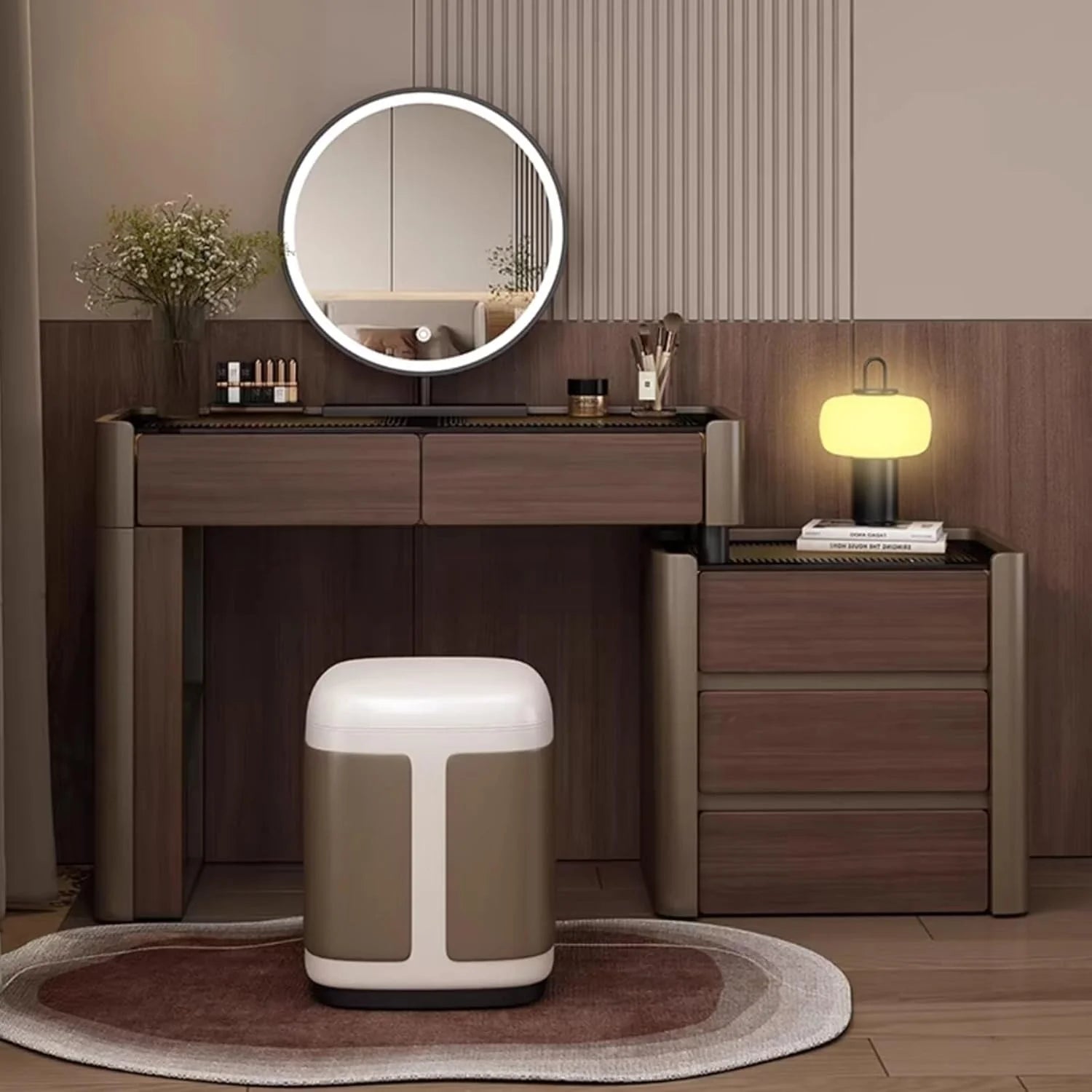 Modern Brown Vanity Dressing Table Set with LED Mirror, Tempered Glass Top, Storage Drawers & Cushioned Stool