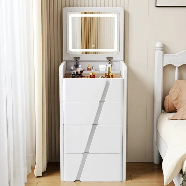 Minimalist White Dressing Table with LED Lighted Flip-Top Mirror, 4 Drawers & Cushioned Stool | Compact Vanity Table for Bedroom