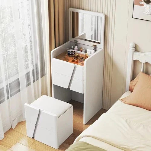 Minimalist White Dressing Table with LED Lighted Flip-Top Mirror, 4 Drawers & Cushioned Stool | Compact Vanity Table for Bedroom