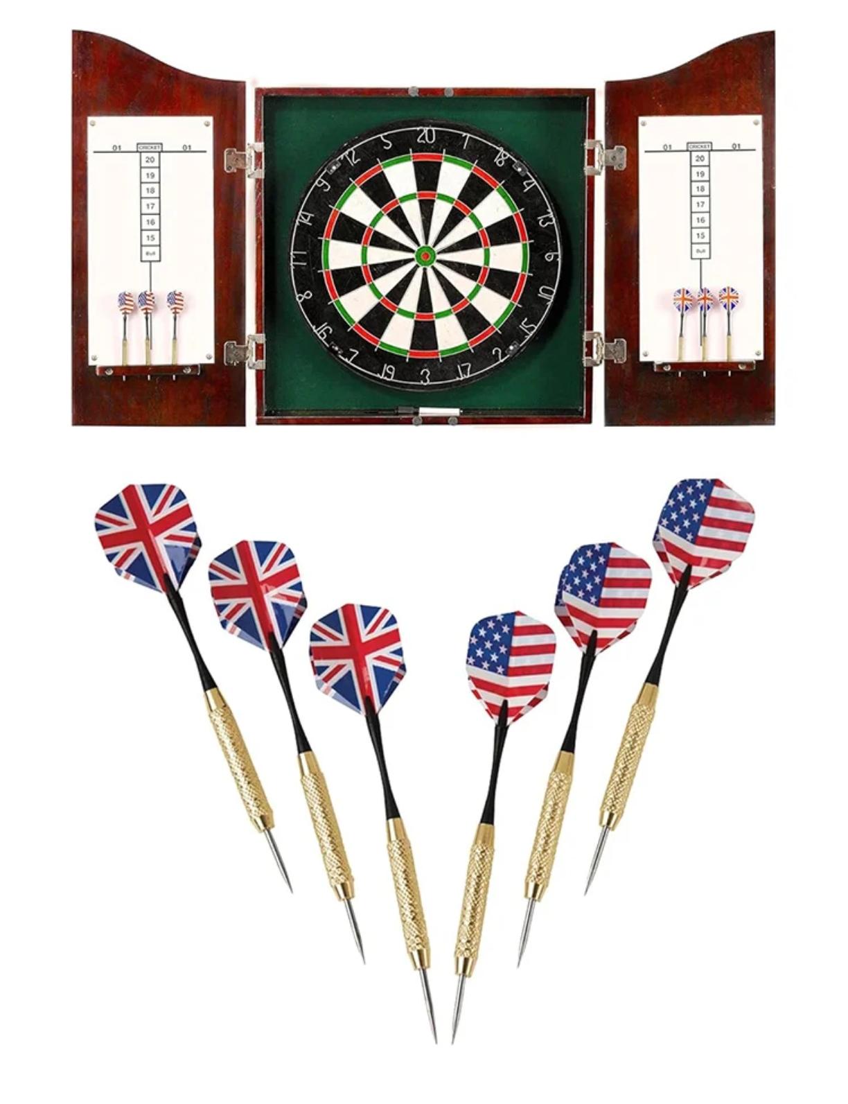 Dartboard Cabinet Set with a Realistic Walnut Finish Easy to Mount Perfect for Family Game