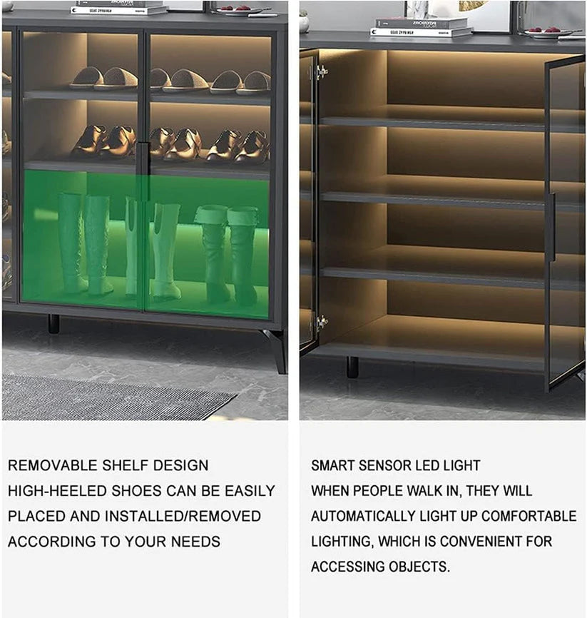 Shoe Cabinet in Tempered Glass Doors, Shoe Storage Racks Spacious 6-Tiers with Ambient Lighting-GCC Home Center