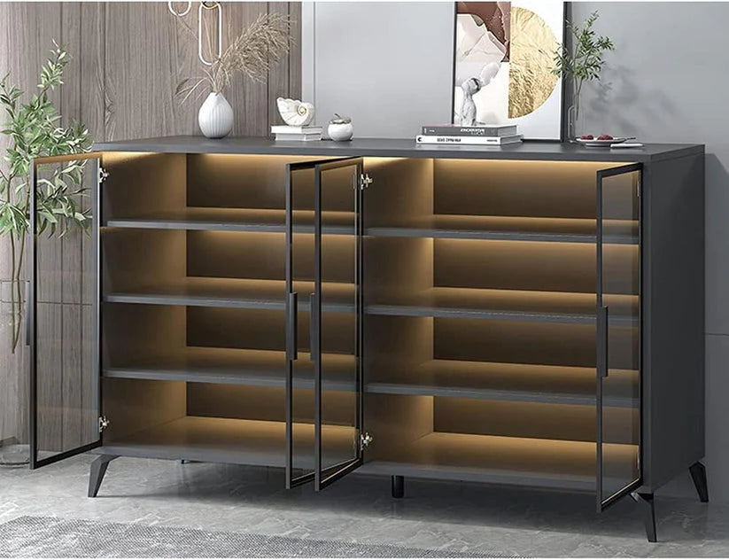 Shoe Cabinet in Tempered Glass Doors, Shoe Storage Racks Spacious 6-Tiers with Ambient Lighting-GCC Home Center