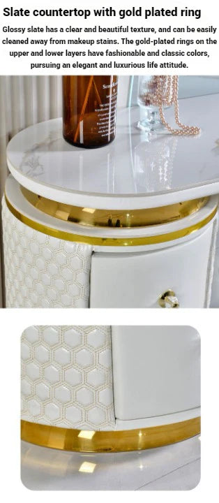 Wall-Mounted Dressing Table with Full-Length Oval LED Mirror, 2 Storage Drawers & Upholstered Stool – Modern White Vanity Set with Marble Top & Gold Frame