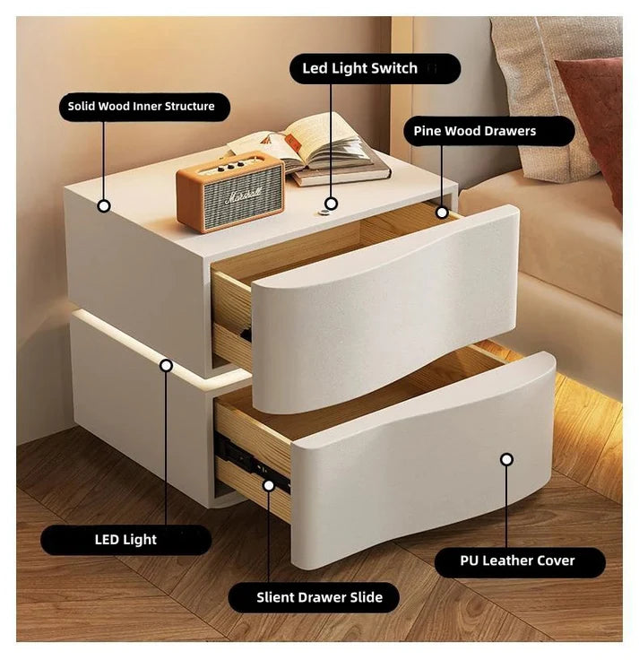 Modern LED Nightstand Bedside Table with 2/3 Drawers | Upholstered Faux Leather Side Table for Bedroom Storage