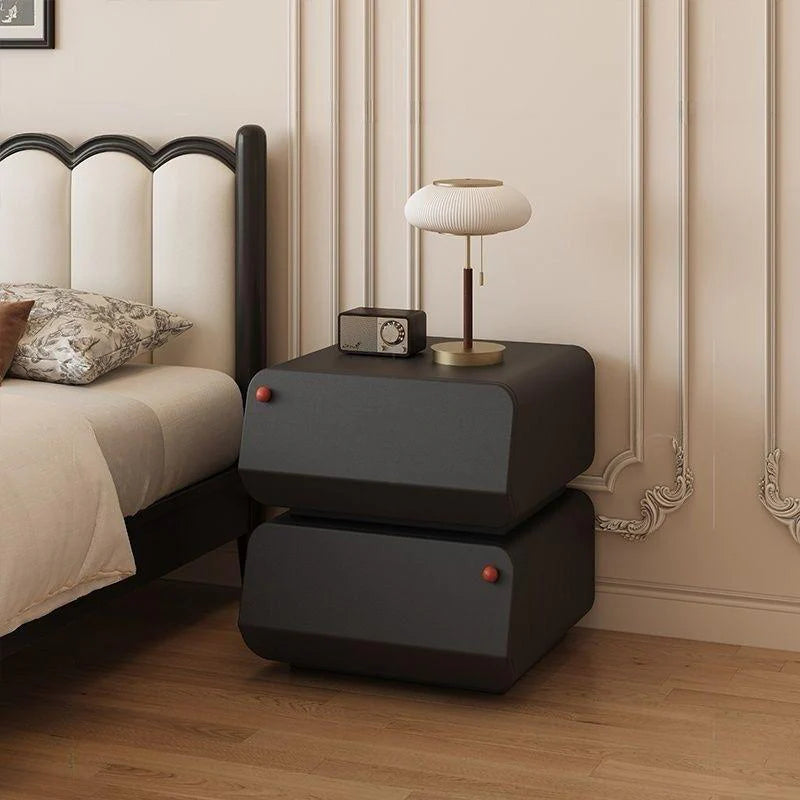 Modern Leather Nightstand Bedside Table with 2 Drawers – Contemporary MDF Wood Bedroom Side Table in Black & White