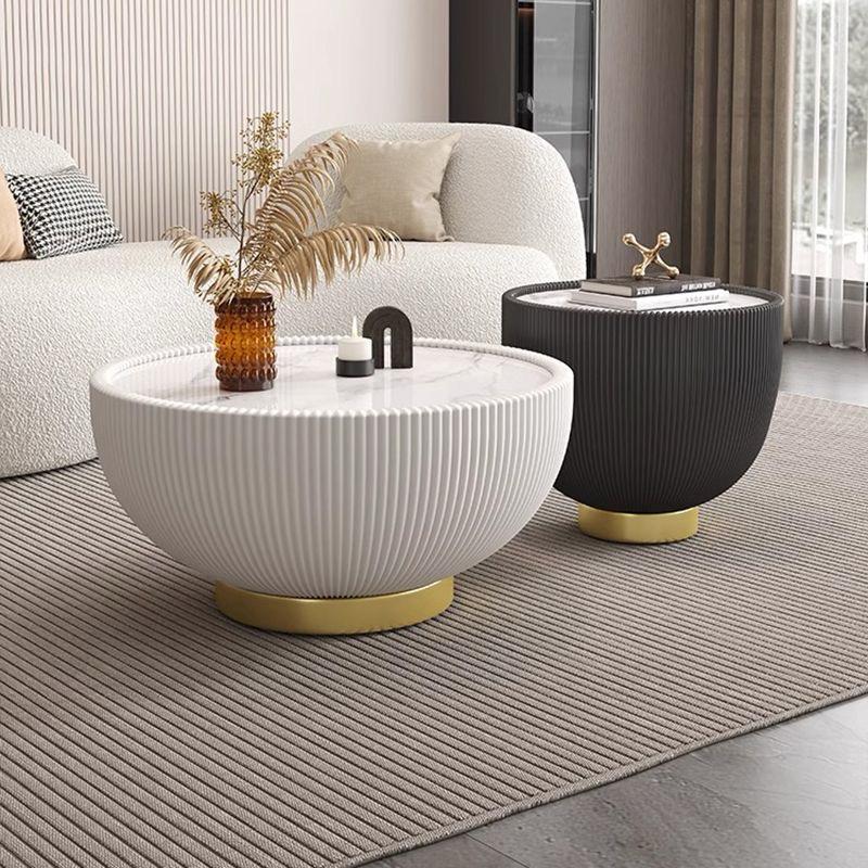 Modern White Marble Coffee Table Set with Gold Accents | Round Center Table & End Side Table for Living Room