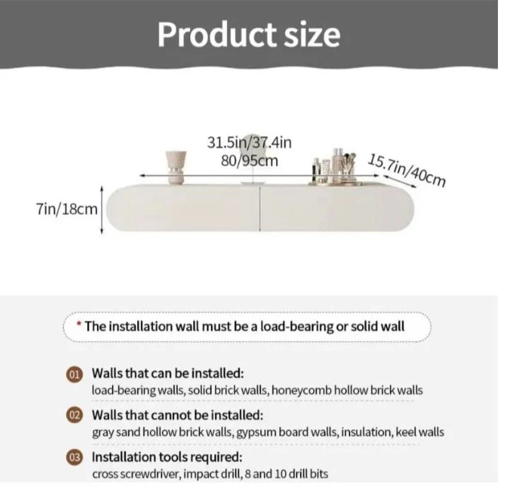 Modern Wall-Mounted Dressing Table with LED Oval Full-Length Mirror & 2 Storage Drawers | White Floating Vanity Set
